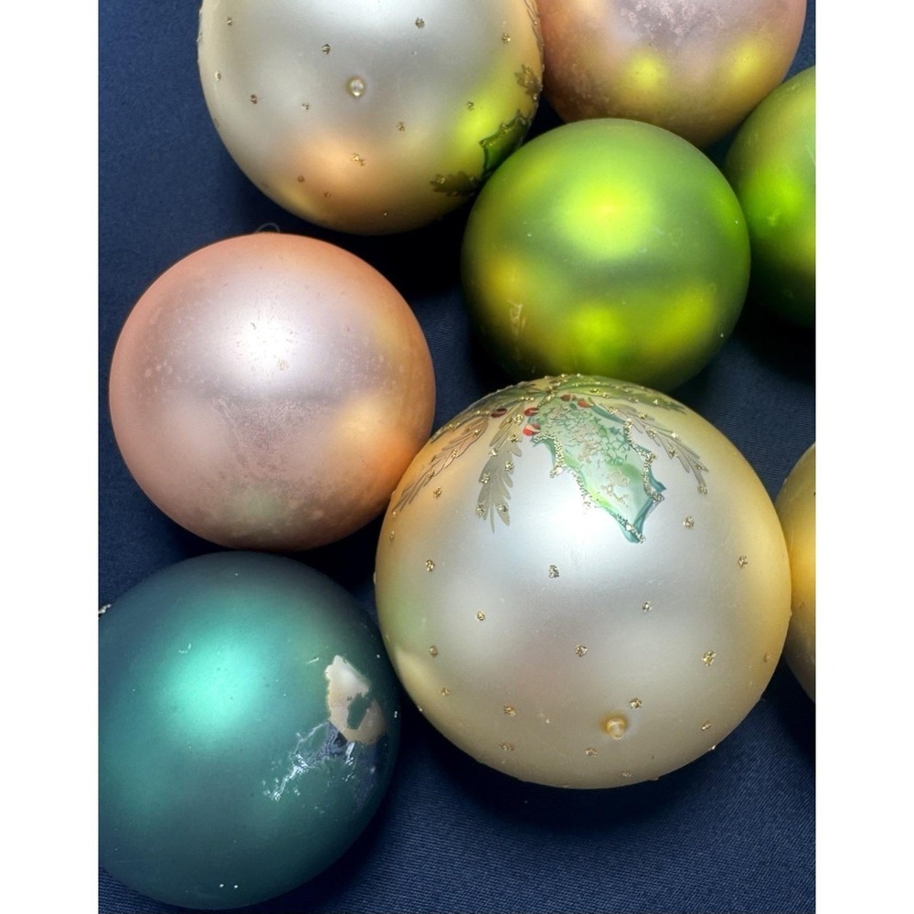 West Germany~ Round Peach Green Gold Glass Ornaments Glitter Set of 8 - Picture 9 of 11